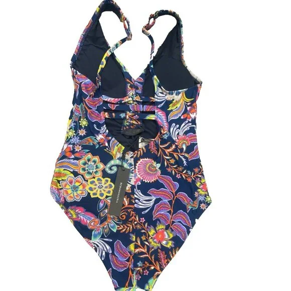 NEW $108 BCBGMAXAZRIA Womens Small One Piece Swimsuit Midnight Floral Lace Up - Picture 3 of 13